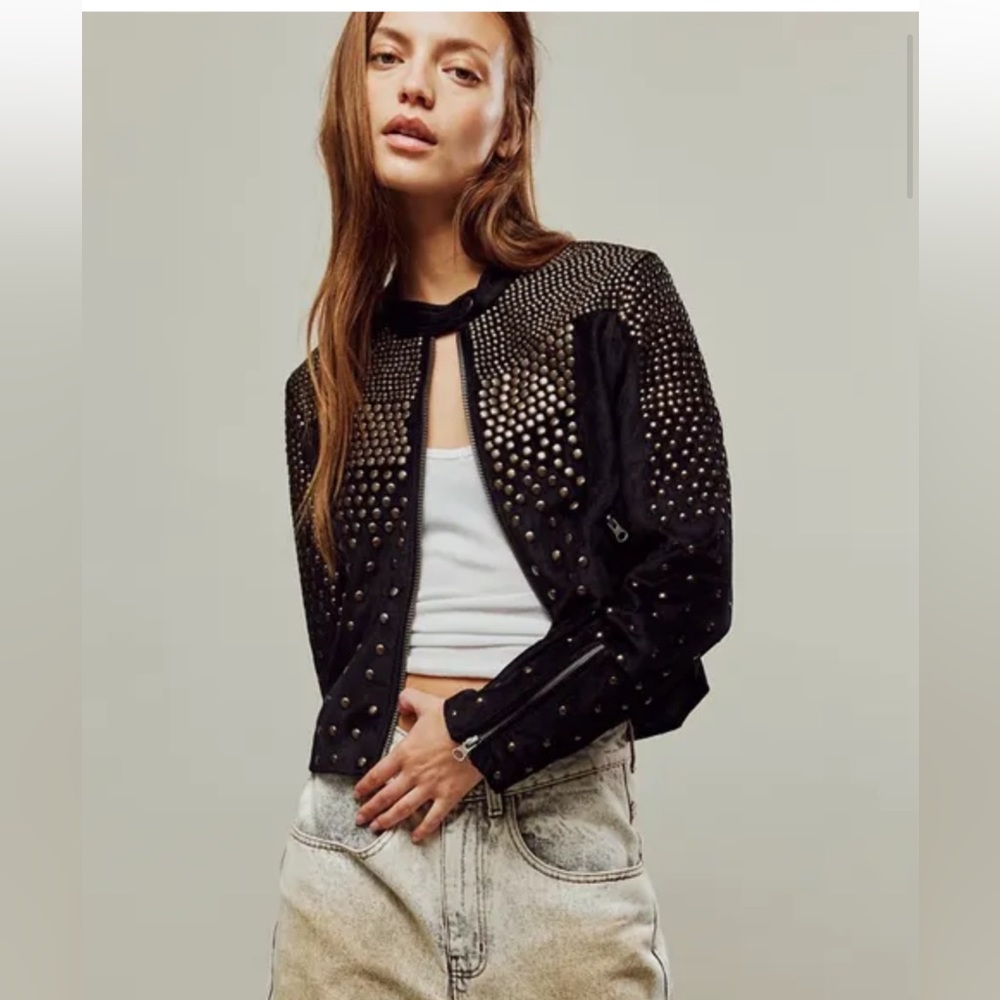 Free People Keeping It Cool Moto Jacket Studded Embellished Zip Pockets Sleeves